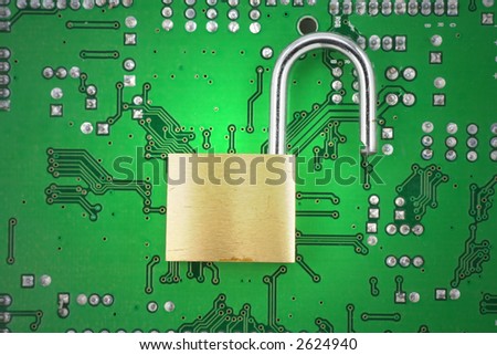 opened lock and circuit board, concept of computer safety
