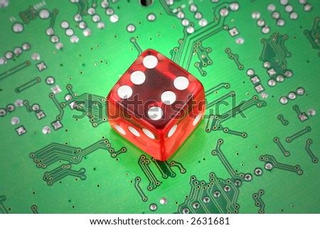 red dices and circuit board, concept of online gambling