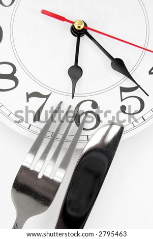 fork and wall clock with white background, concept of dinner time