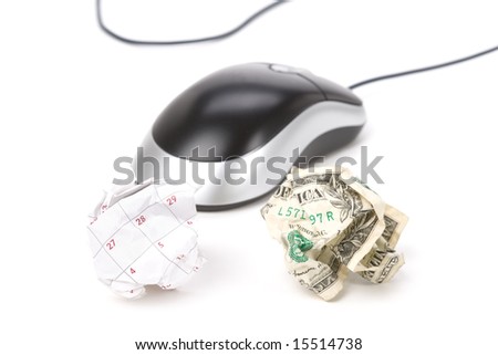 Calendar paper ball, dollar and computer mouse, concept of time planning, Wasting Time, Unorganized