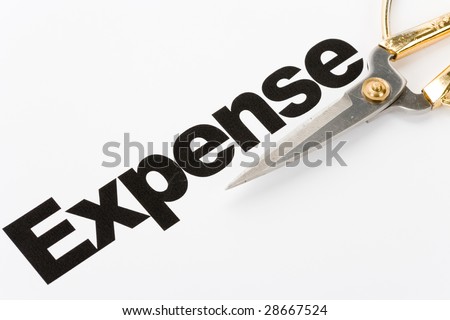text of Expense and scissors, concept of Expense cut