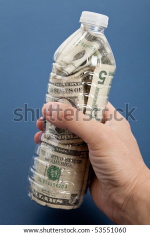 Plastic Bottle and Dollar with blue background
