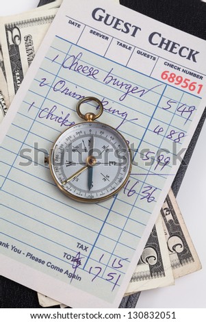 Guest Check and compass, concept of restaurant expense.