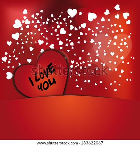 Red background with place for text, a big red heart and lots of small white hearts.