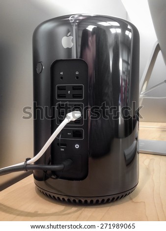 TORONTO, CANADA - DECEMBER 29, 2013: The new Mac Pro sits at the Apple Store in Toronto, Canada .