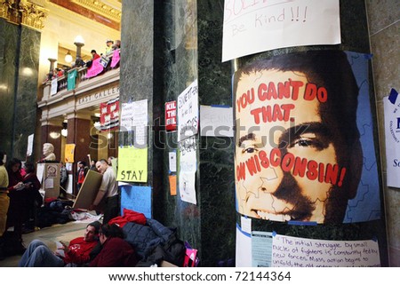 MADISON, WI - FEB 21: Signs of protest against Gov Walker cover the walls of the Wisconsin Capitol Feb 21, 2011 in Madison Wisconsin.