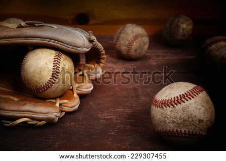 Old Vintage Baseball Background. Focus on ball in glove