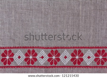 Handmade rough linen fabric with ornament