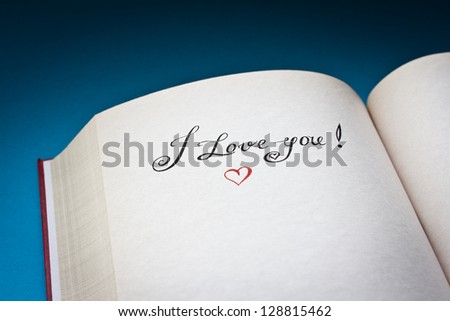 I love you! words and red heart in the open book on the blue background.