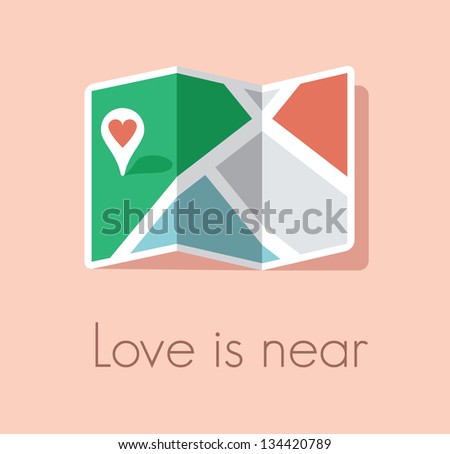 Love is near. Map and pin pointer with red heart symbol. Concept for finding love.