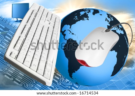 Internet concept with blue globe, computer mouse and keyboard.