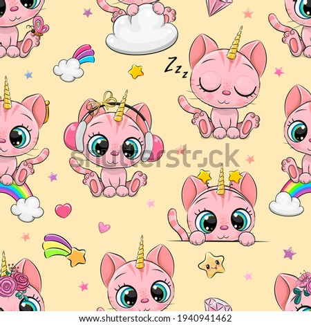 Seamless Pattern with cute cartoon kitty unicorn