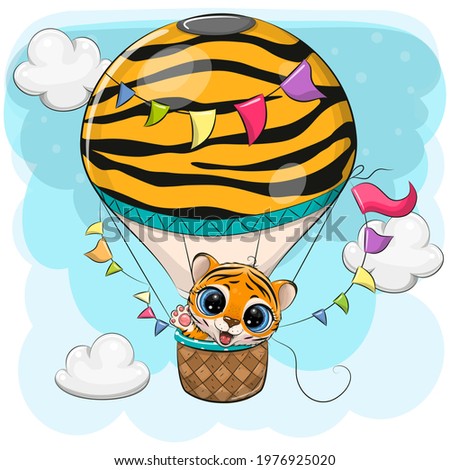 Cute Cartoon Tiger is flying on a hot air balloon
