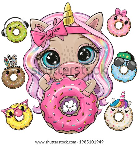 Cute Cartoon Unicorn with long pink hair and donuts