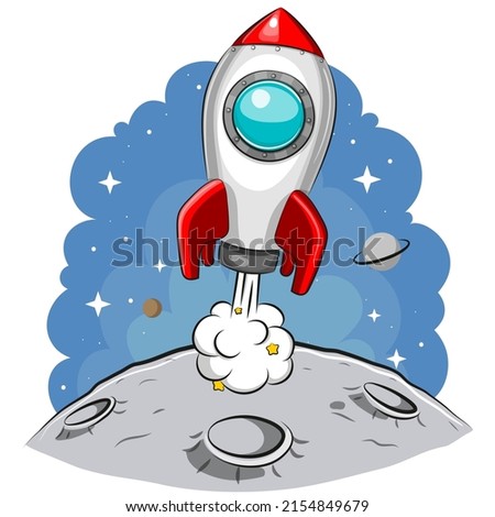Cartoon rocket takes off from the planet, vector illustration