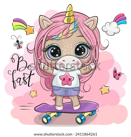 Cute Cartoon Unicorn with skateboard on a rainbow background