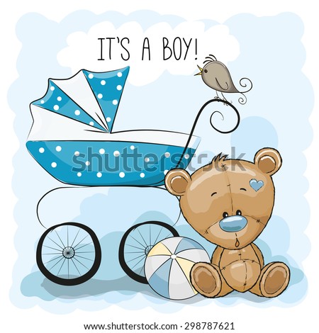 Greeting card it's a boy with baby carriage and Teddy Bear