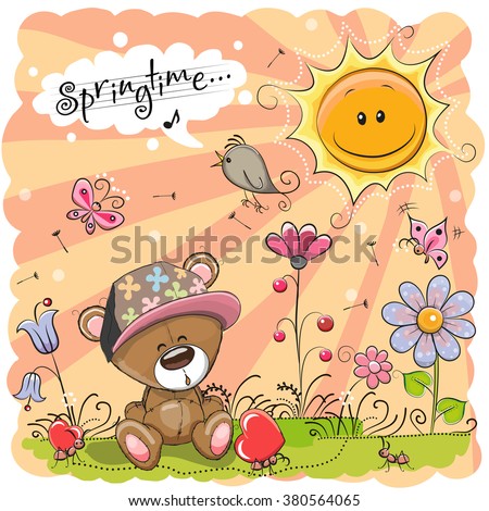 Cute Cartoon Teddy Bear on the meadow with flowers 