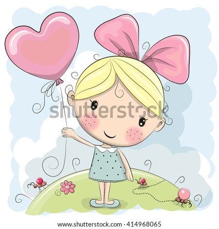 Cute Cartoon Girl with a balloon on the meadow