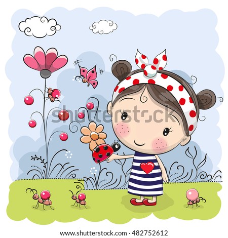 Cute Cartoon Girl with ladybug on a meadow