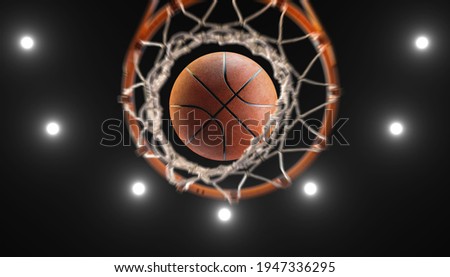 3d rendering  basketball on hoop and lighting from roof stadium