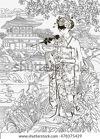 Coloring Pages . Japanese Woman On A Background Of The Eastern ...