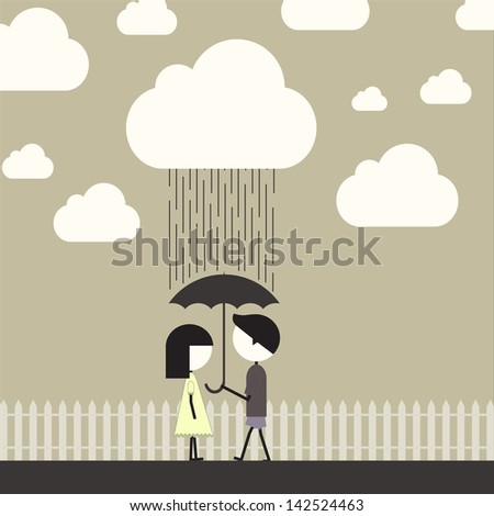 Boy and girl in love under rain