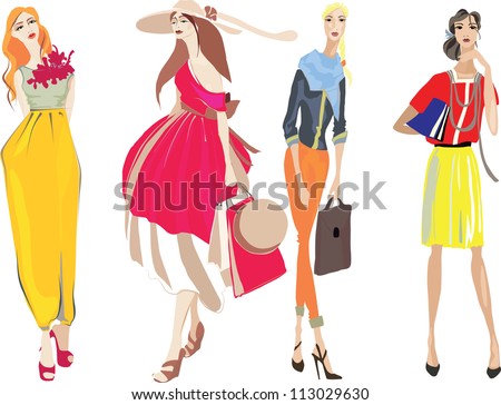 Young Women In Beautiful Clothes. Fashion Girls. Stock Vector ...