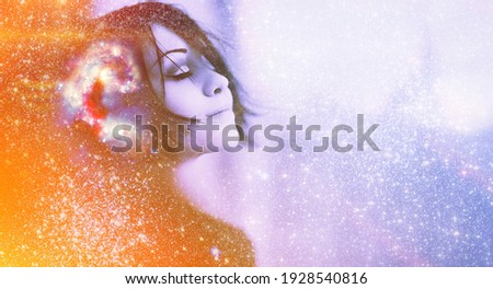 Human face on blue light star in cosmos space. Woman inner energy, self heal soul, brain power think, mind body, dream idea in head, big data ai learn concept. Elements of this image furnished by NASA