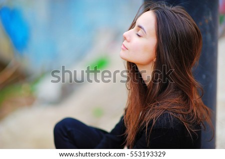 Similar – Image, Stock Photo Dreamy cute girl sitting on rock