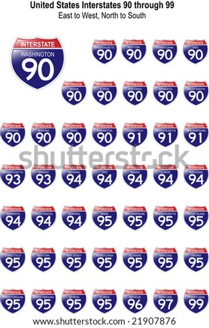 US Interstate Signs I-90 through I-99 with their respective states, with reflective-looking surface.