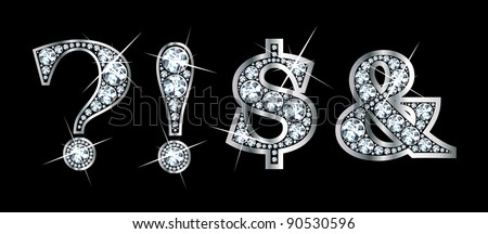 Stunningly beautiful punctuation marks set in diamonds and silver, to include question mark, exclamation mark, dollar sign and ampersand. Vector.