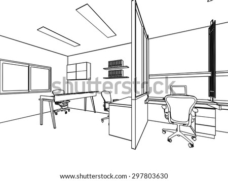 Outline Sketch Drawing Perspective Of A Interior Space Office Stock ...