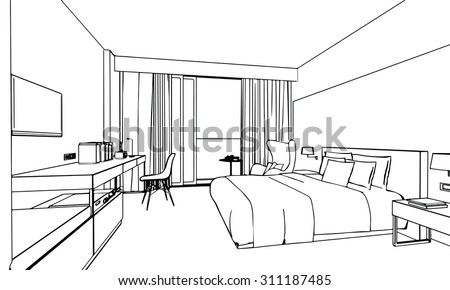 Outline Sketch Drawing Perspective Of A Interior Space Stock Vector ...