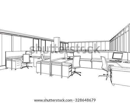 Interior Outline Sketch Drawing Perspective Of A Space Office Stock ...