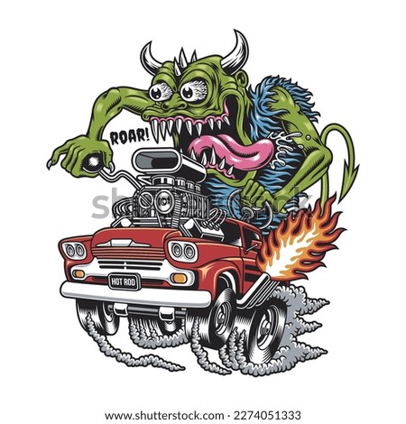 Monster Driving Hot Rod Cartoon Vector Graphics