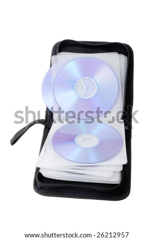 Open compact disk storage bag on white background