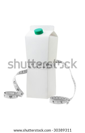 Conceptual image of milk or fruit juice carton being tight squeezed with a tape measure