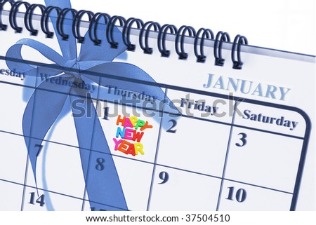 Composite images of calendar page showing January 1  Happy New Year and blue bow ribbon on gift box