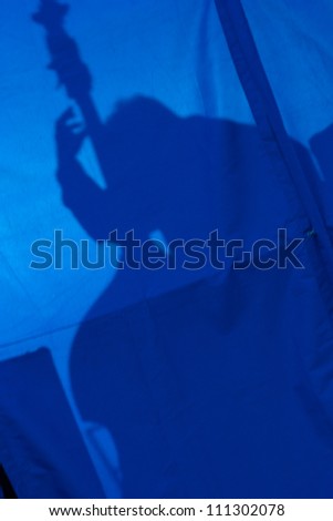 Silhouette of double bass player in blue light