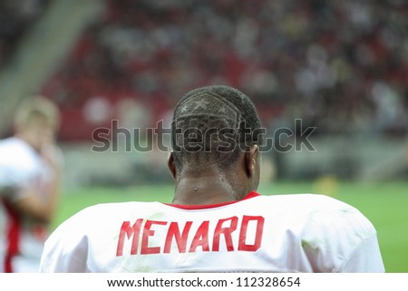 WARSAW, POLAND - SEPTEMBER 1: American football player Kesnel Menard (LB) with  patriotic haircut during Euro-American Challenge game on September 1, 2012 in Warsaw, Poland.