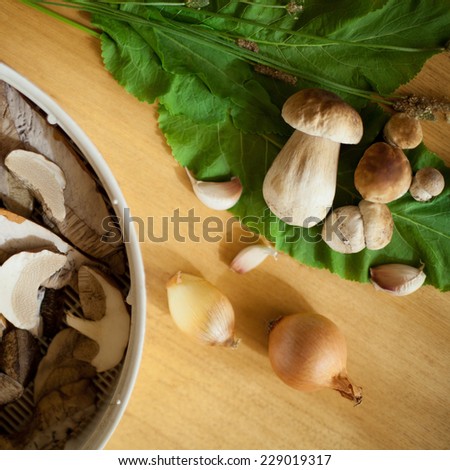 Boletus found in a forest during Autumn. Presented on a green leaf on a wooden table. In a bowl boletus cut into pieces. Autumn in East Europe, organic food, mushrooms, fungus.