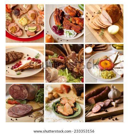 Fresh food prepared at home. Home- made chicken pate, sausages, smoked ham, black pudding and boiled ham. Smoked lain.Mosaic of photographs of food. Postcard. Fresh food and natural ingredients.