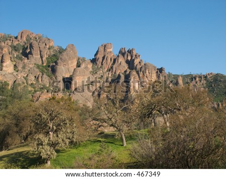 Huge broken chunks of rock thrust up towards the sky in Pinnacles National Monument