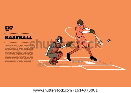 Vector illustration of Baseball Batter Hitting Ball with Bat for Home Run. The catcher in full catcher gear is about to catch a pitched ball with his glove in his position.