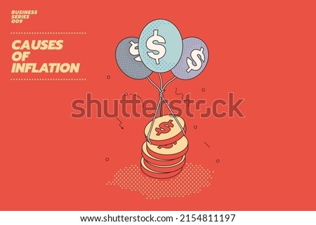 Modern and flat illustration concept of money inflation. $ symbol or Dollar coins raised up by balloons. 