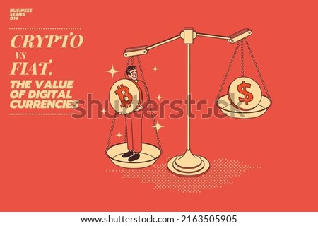 Modern illustration concept of Bitcoin or crypto currency value compare to US Dollar or fiat money. A businessman or investor stands on a giant scale with Bitcoin. 