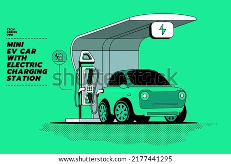 Modern flat vector illustration concept of smart design mini electric car parking and charging station with solar panels roof shade. Isometric design. The best for infographic.