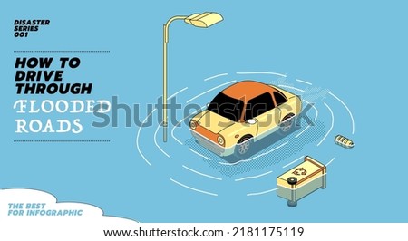 Flat modern illustration concept of flooded car or motorcycle on the street of the city. Street after heavy rain. Floating garbage and car during deluge in high water, overflow and big wave.
