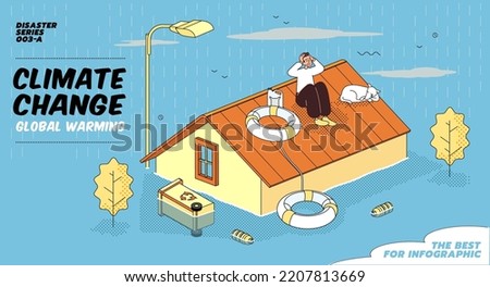 Illustration concept of Climate Change and Global warming effects. Noru. Ian. Flood Diaster. Anxious man sitting on roof of house with his Lifebuoy after water flood emergency and waiting for helping.